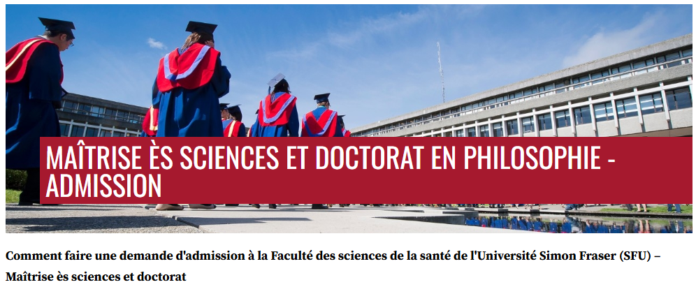 Bourse d'admission au Master of Science et Doctor of Philosophy en sciences de la santé de l'Université Simon Fraser