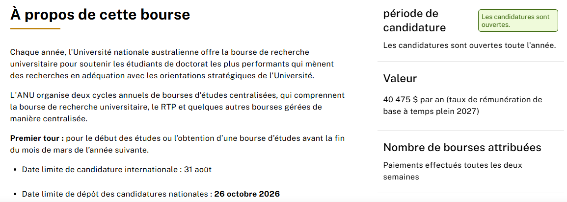 Bourses de recherche de l'Université Nationale Australienne (ANU)
